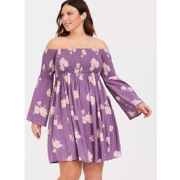 torrid Dresses & Skirts - Torrid Purple Floral Smocked Challis Off Shoulder Mini Dress Plus 0 (12) 0X